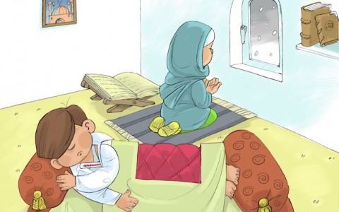 вечер, комната, молитва, Коран, мальчик, девочка