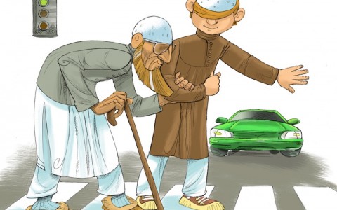 уважение, забота, старик, мусульманин, мальчик, дорога, переход
