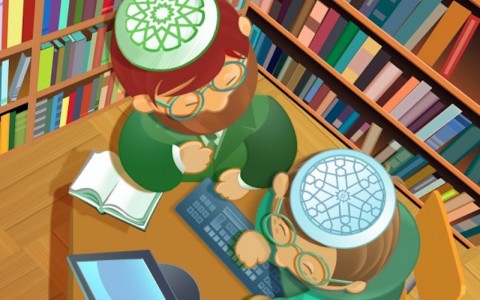 мусульманская семья, компьютер, тюбетейка, библиотека