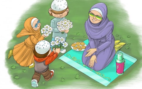 мусульманская семья, пикник, дети, цветы, мама