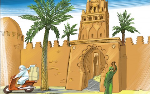 ворота крепости, пальма, минарет, мотороллер, берберы